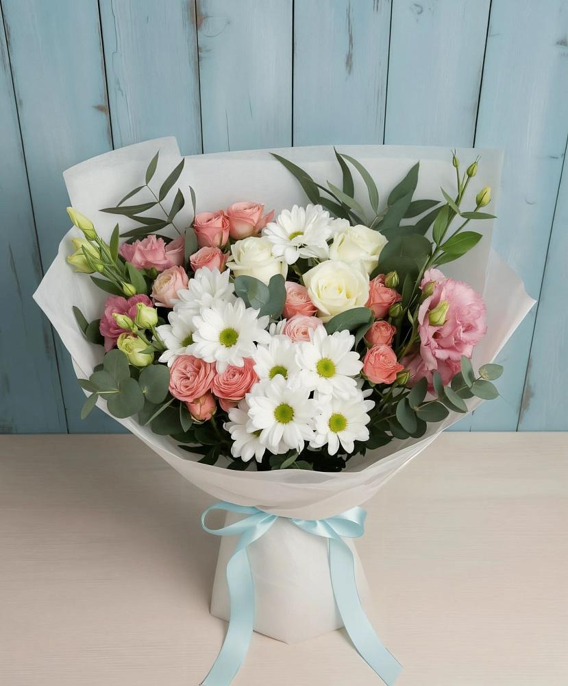 Букет цветов из: Розы, Лизиантусы и Хризантемы в Багане