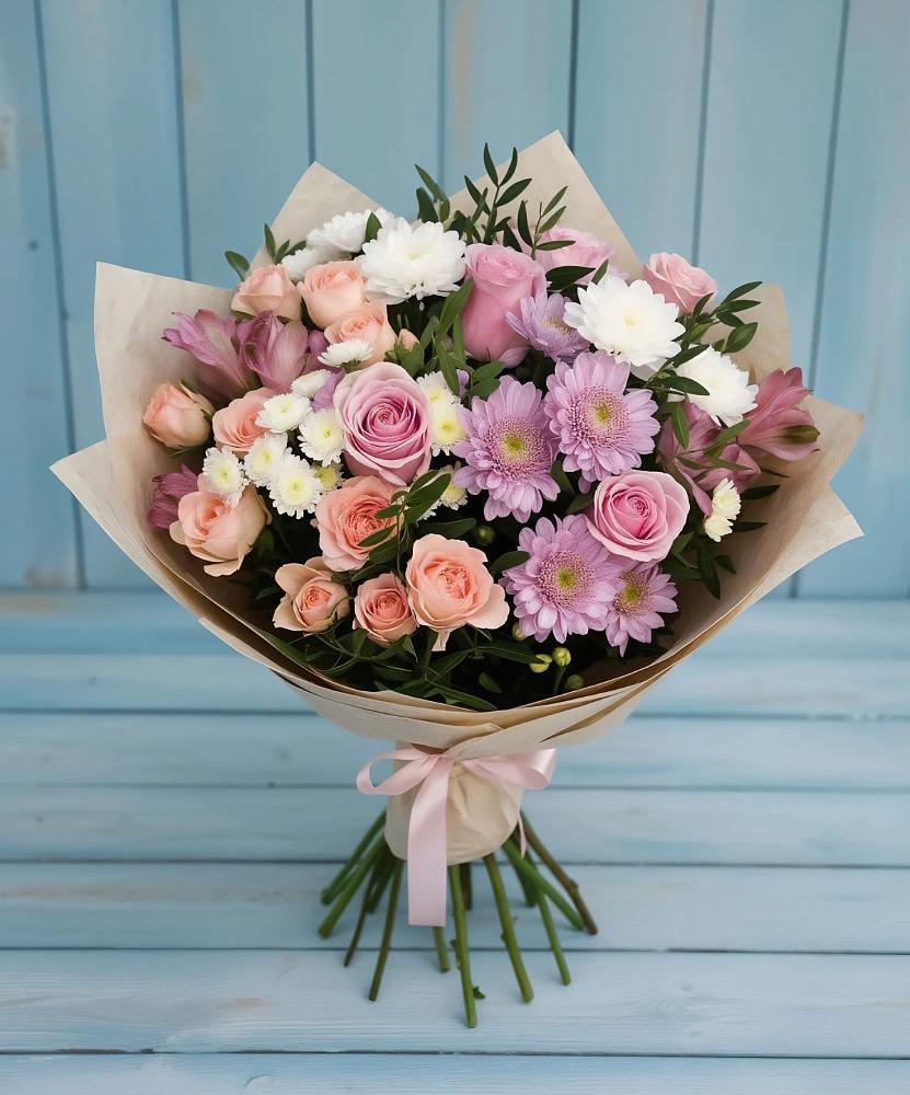 Букет цветов из: Хризантемы, Розы и Альстромерии в Багане