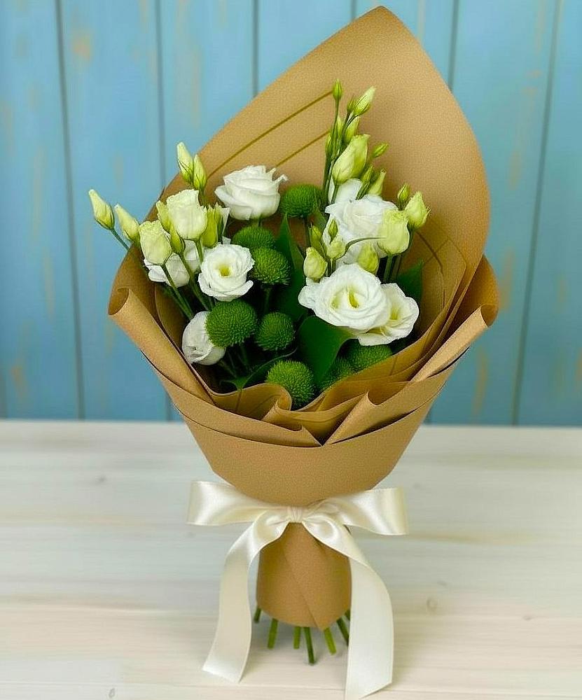 Букет цветов из: Хризантемы и Лизиантусы в Багане