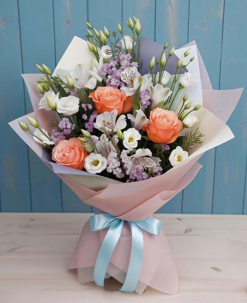 Букет цветов из: Лизиантусы, Розы, Альстромерии и Гипсофила в Багане