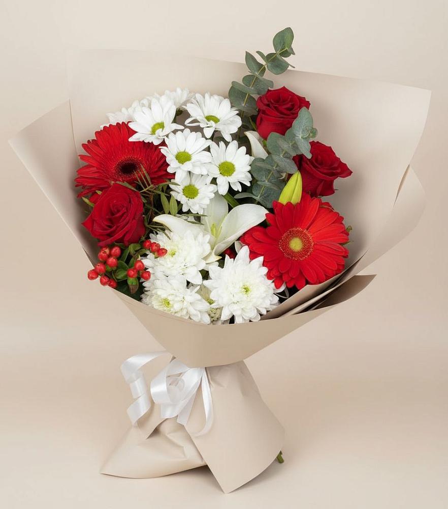 Букет цветов из: Розы, Хризантемы, Герберы и Лилии в Багане
