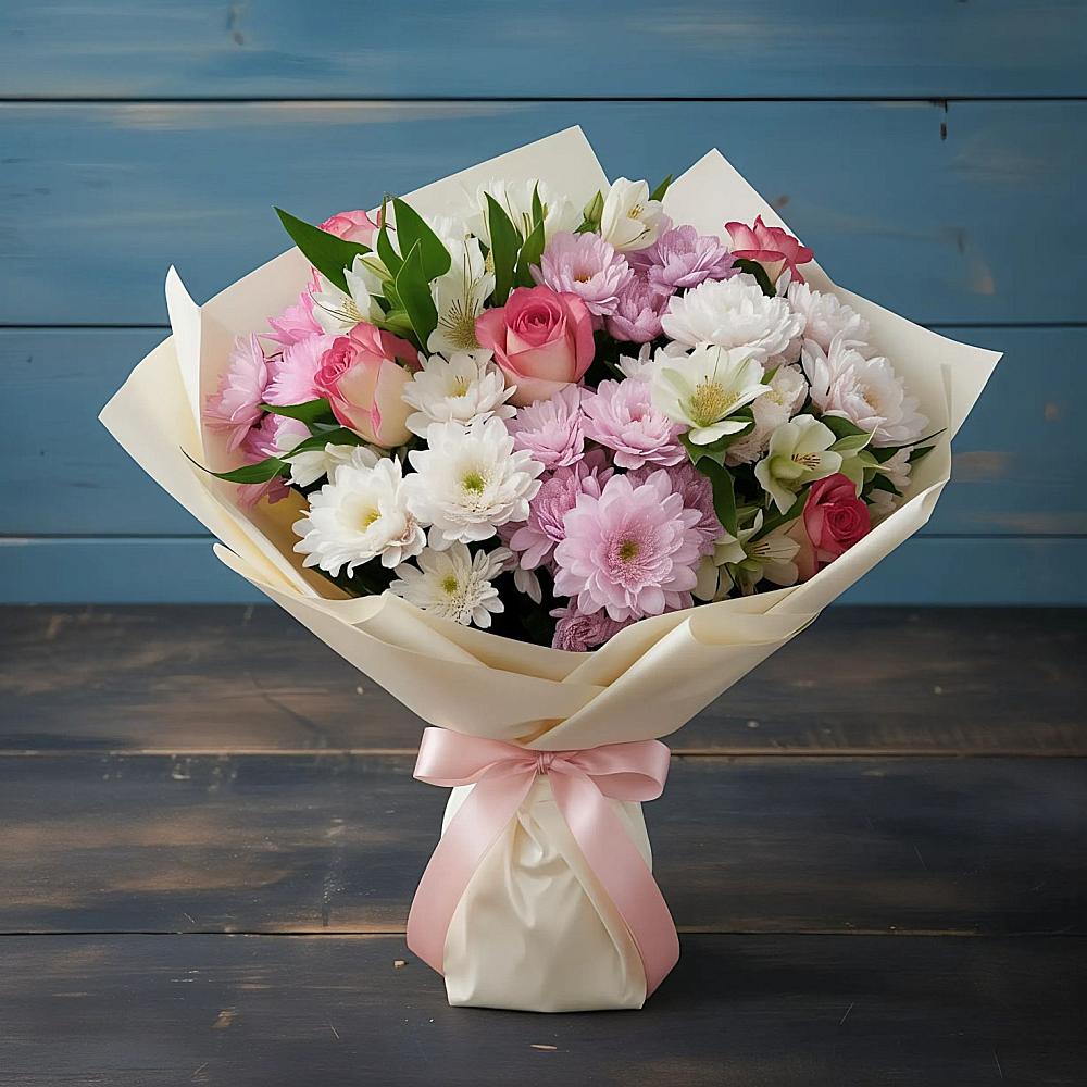 Букет цветов из: Хризантемы, Альстромерии и Розы в Багане